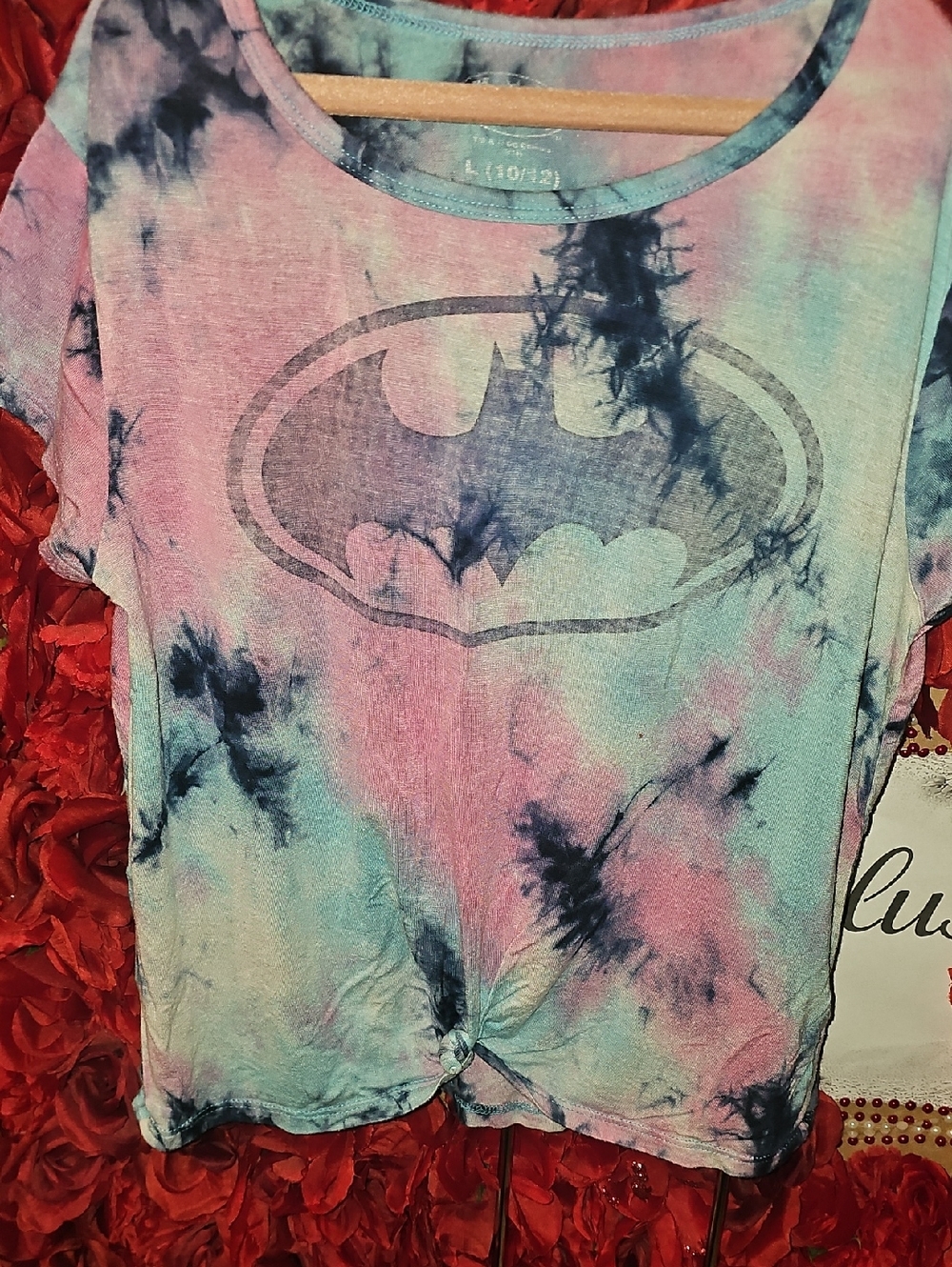 Batman Girls Tie Front Tie-Dye Tee in Pink & Blue Size 10/12